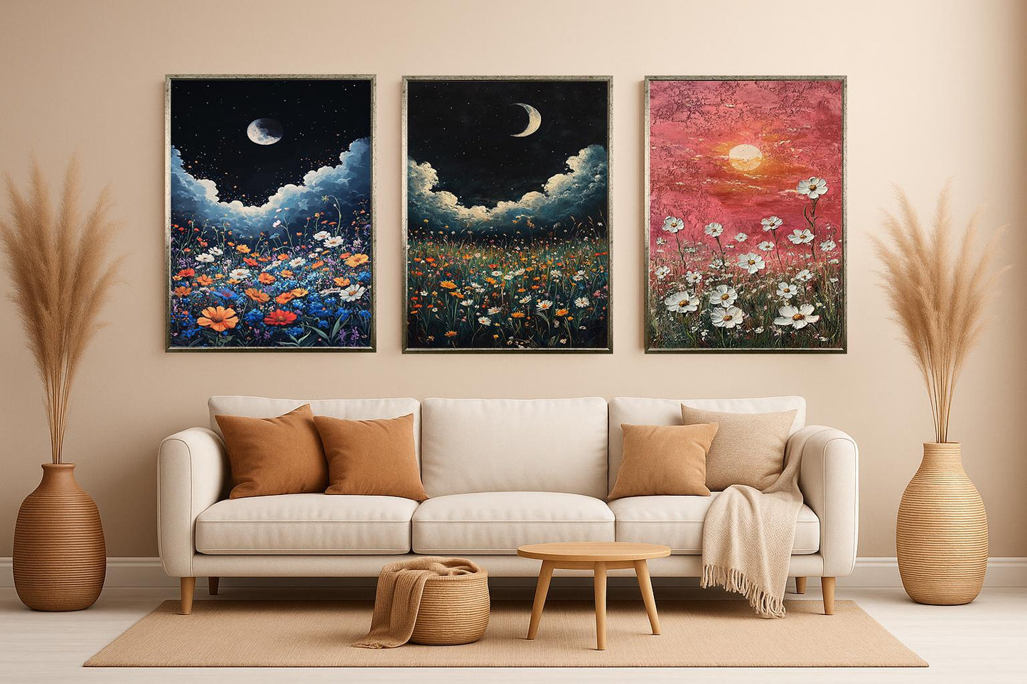 Wildflower Sunset Canvas Print Set: Moonlit Floral Landscape Wall Art