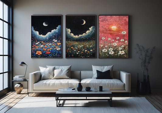 Wildflower Sunset Canvas Print Set: Moonlit Floral Landscape Wall Art