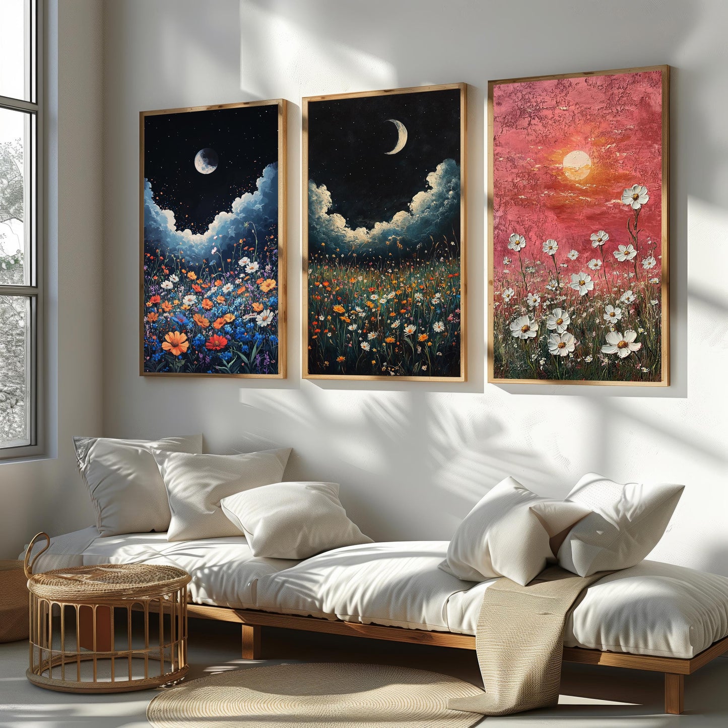 Wildflower Sunset Canvas Print Set: Moonlit Floral Landscape Wall Art