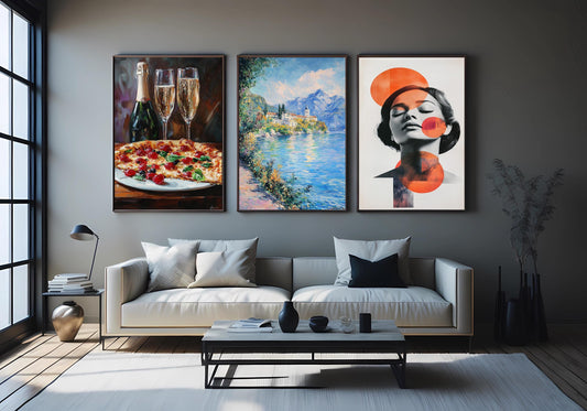 3 Piece Canvas Wall Art Set: Impressionist Lake, Abstract Woman, Champagne & Pizza