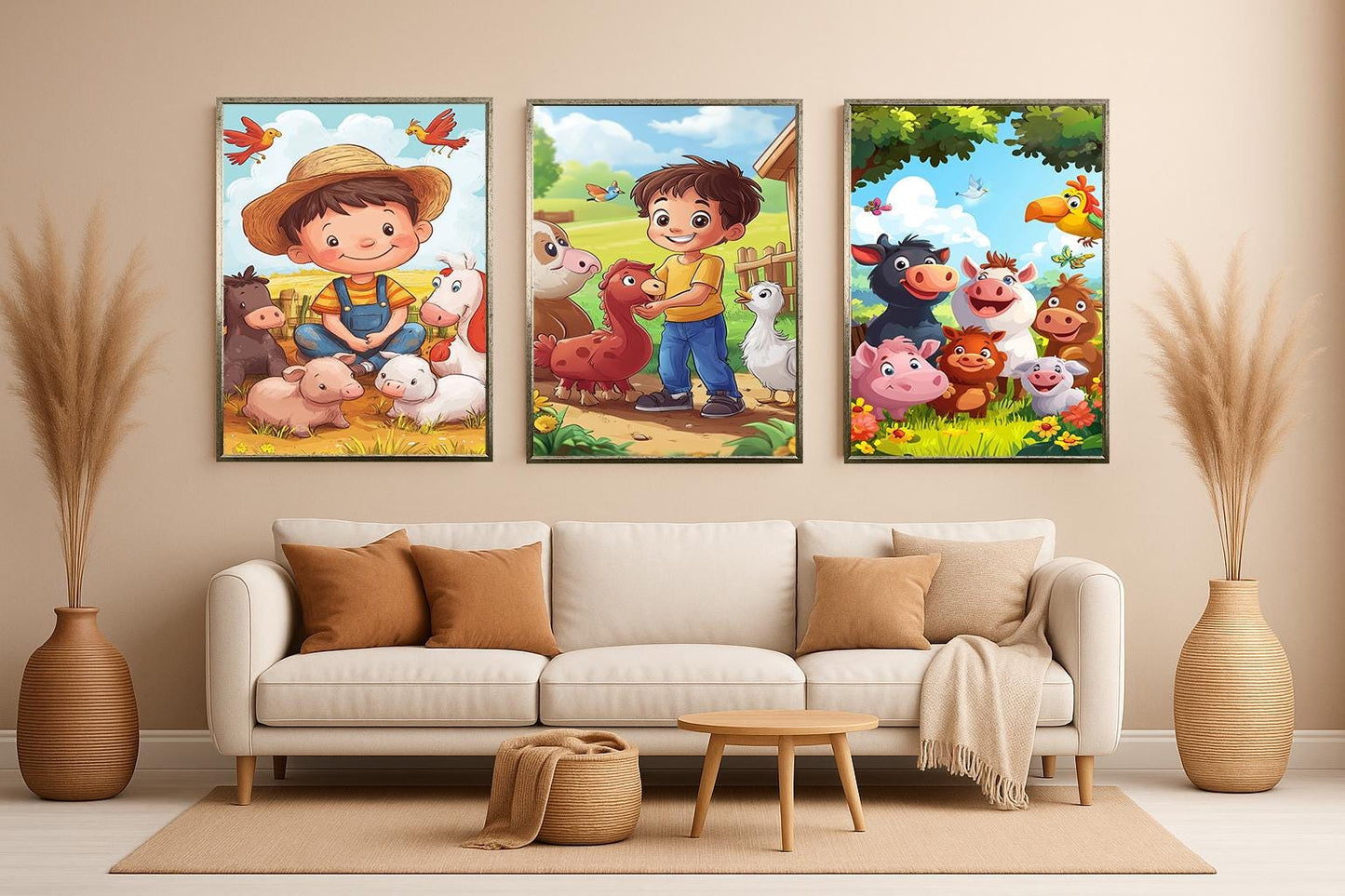 Farm Animals Wall Art Set of 3 Prints Cute Cartoon Baby Farmyard Kids Room Nursery Decor with Boys Animals and Colorful Backgrounds