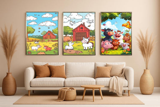 Farm Animal Wall Art Set of 3 Prints Cartoon Barnyard Scene Cute Cow Pig Horse Nursery Decor for Kids Baby Room Playroom Gift Kids Room Art