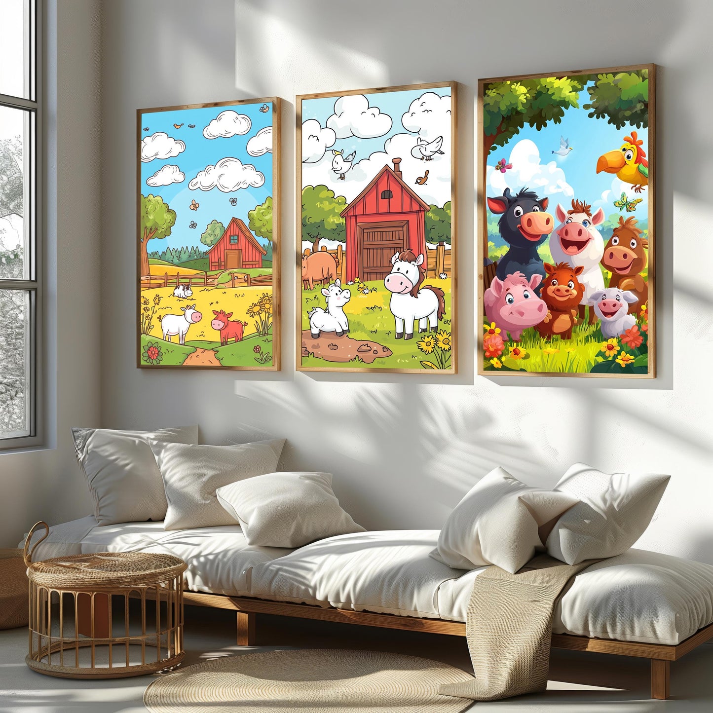 Farm Animal Wall Art Set of 3 Prints Cartoon Barnyard Scene Cute Cow Pig Horse Nursery Decor for Kids Baby Room Playroom Gift Kids Room Art