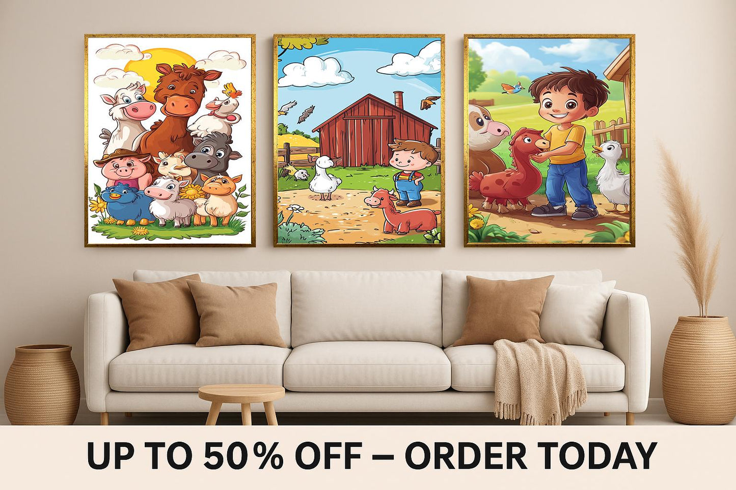 Cartoon Farm Animals Canvas Print Set: Nursery Decor