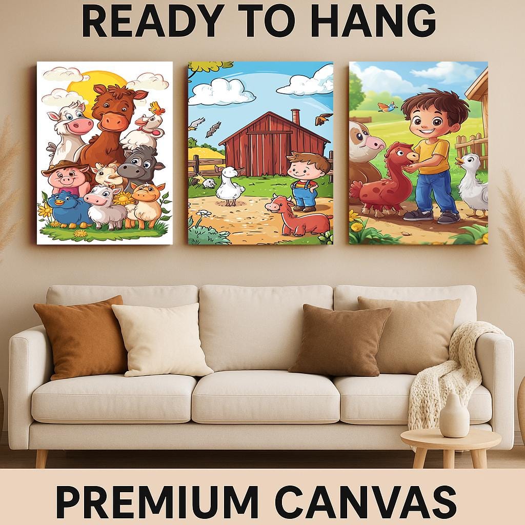 Cartoon Farm Animals Canvas Print Set: Nursery Decor