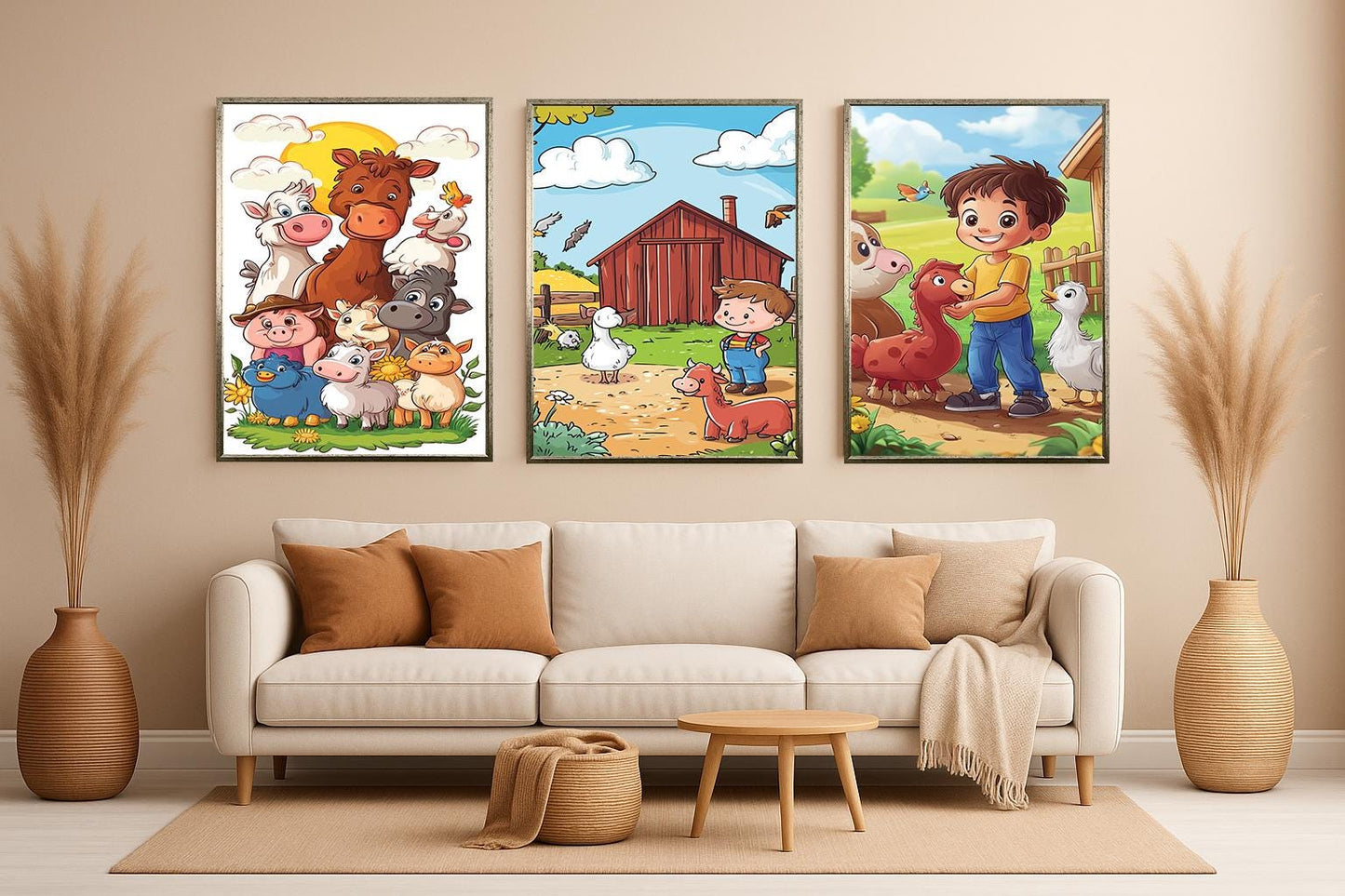Cartoon Farm Animals Canvas Print Set: Nursery Decor