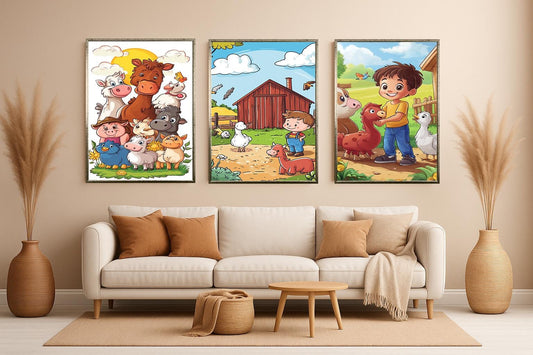 Cartoon Farm Animals Canvas Print Set: Nursery Decor