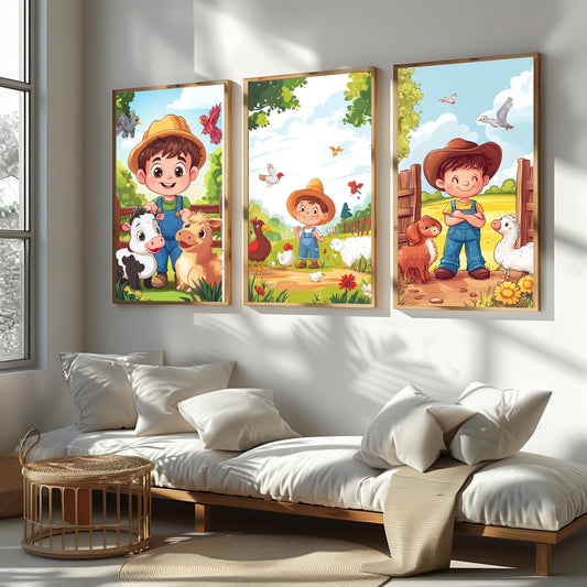 3 Piece Farm Animal Wall Art Set Printable  Boy Farmer Nursery Decor Bundle for Kids Room  Baby Farm Animals Digital Download Poster