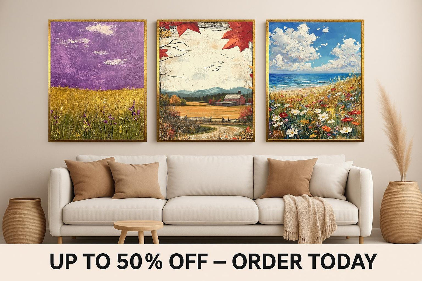 Farmhouse Landscape Art Prints Set: Rustic Fall, Coastal Wildflower, Purple Field
