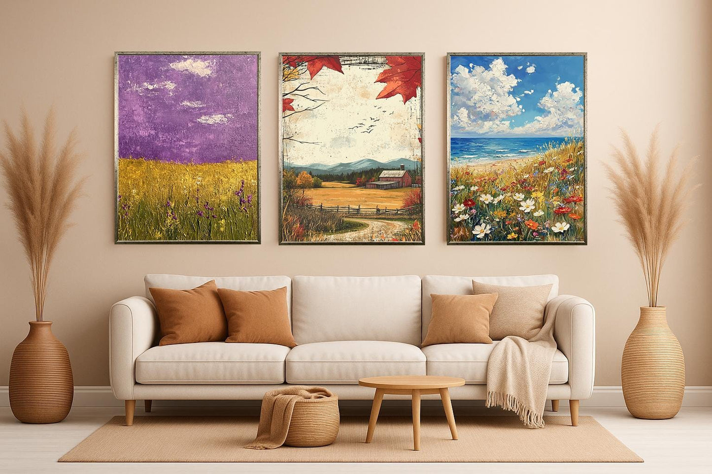 Farmhouse Landscape Art Prints Set: Rustic Fall, Coastal Wildflower, Purple Field