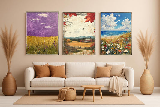 Farmhouse Landscape Art Prints Set: Rustic Fall, Coastal Wildflower, Purple Field