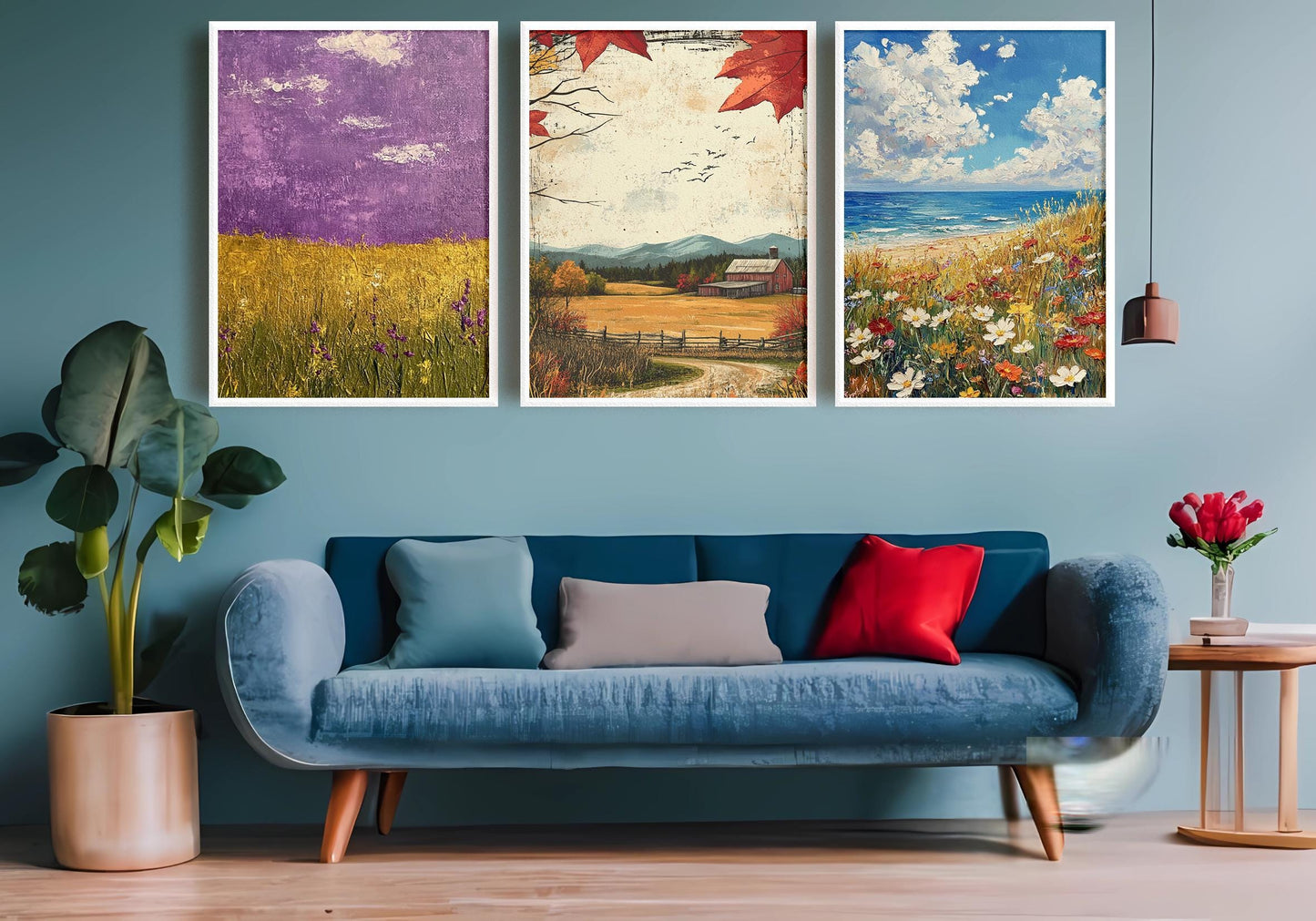 Farmhouse Landscape Art Prints Set: Rustic Fall, Coastal Wildflower, Purple Field