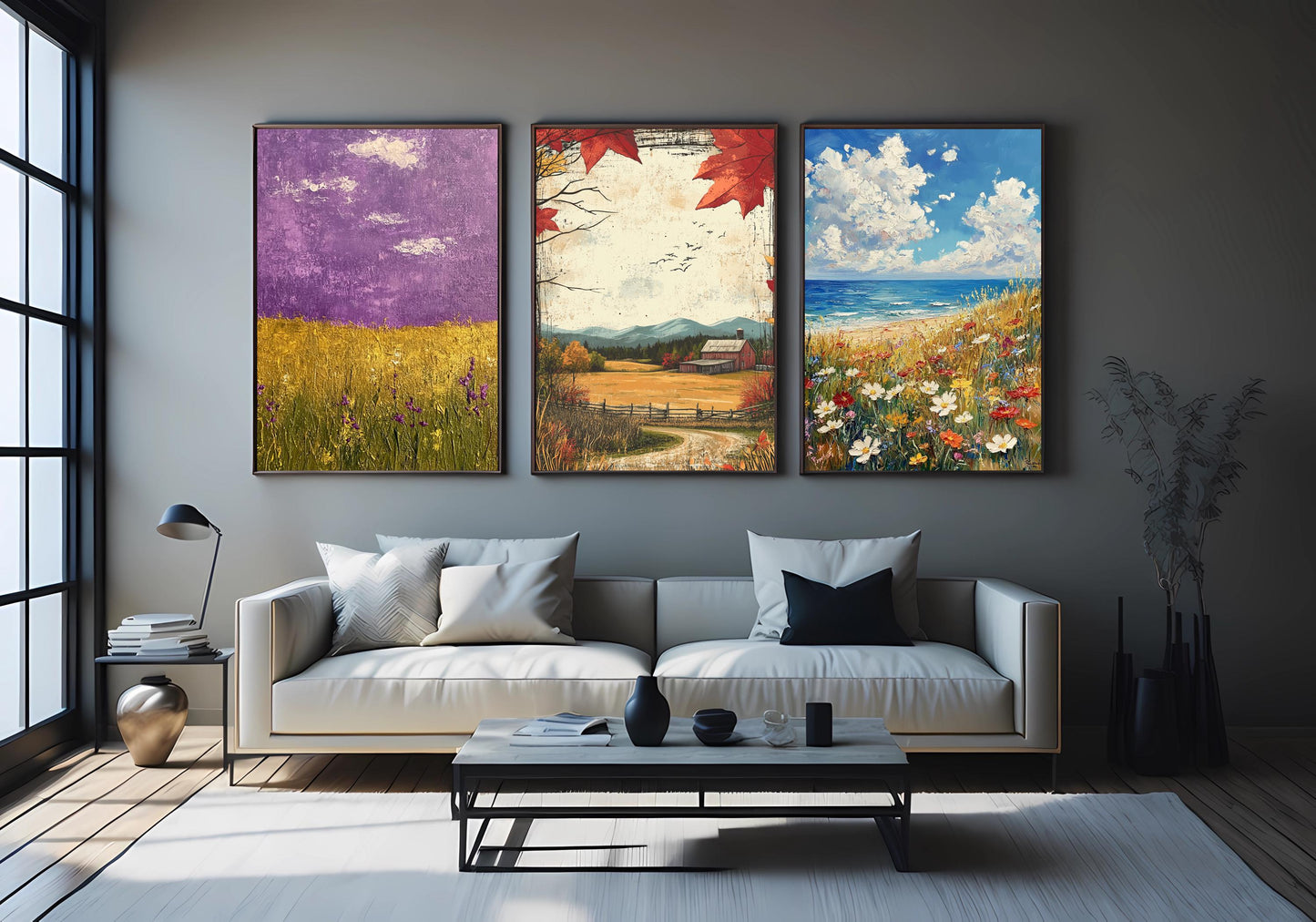 Farmhouse Landscape Art Prints Set: Rustic Fall, Coastal Wildflower, Purple Field