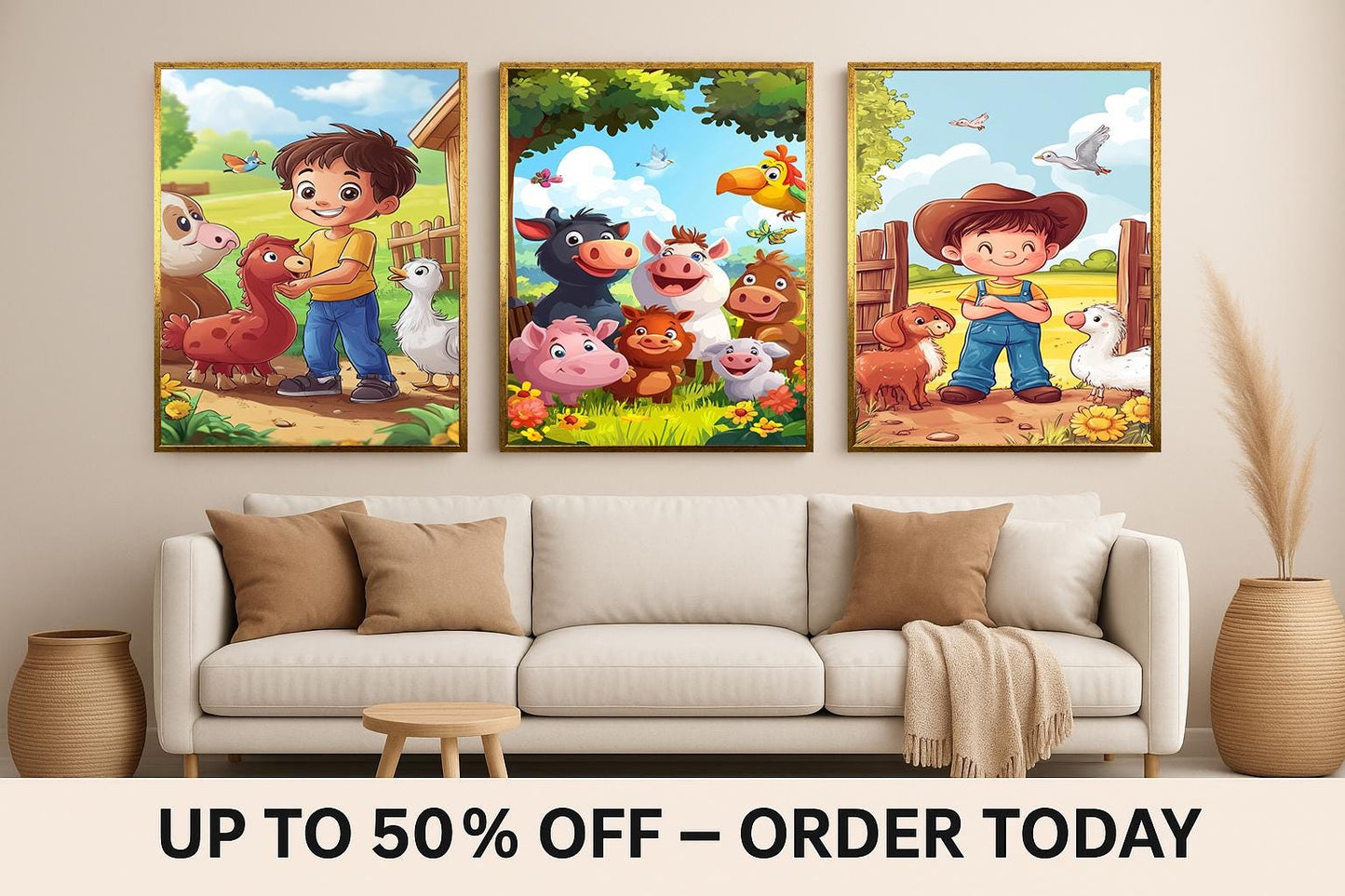 Farm Animal Nursery Prints: Cartoon Farmers, Kids Room Decor