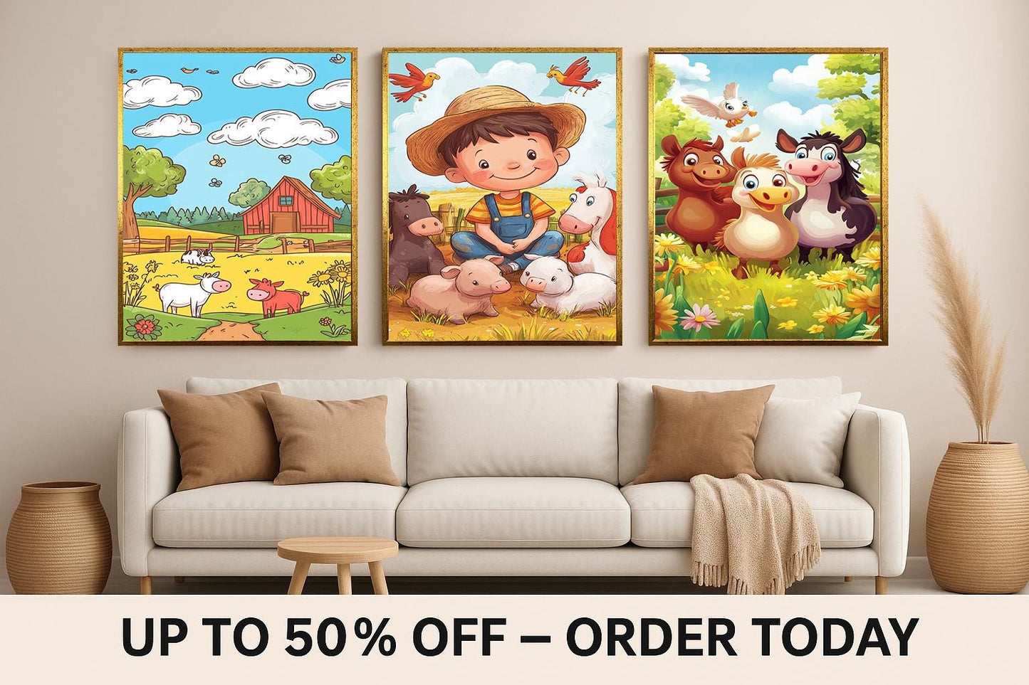 Farm Animal Nursery Prints: Cartoon Barnyard Wall Art Set