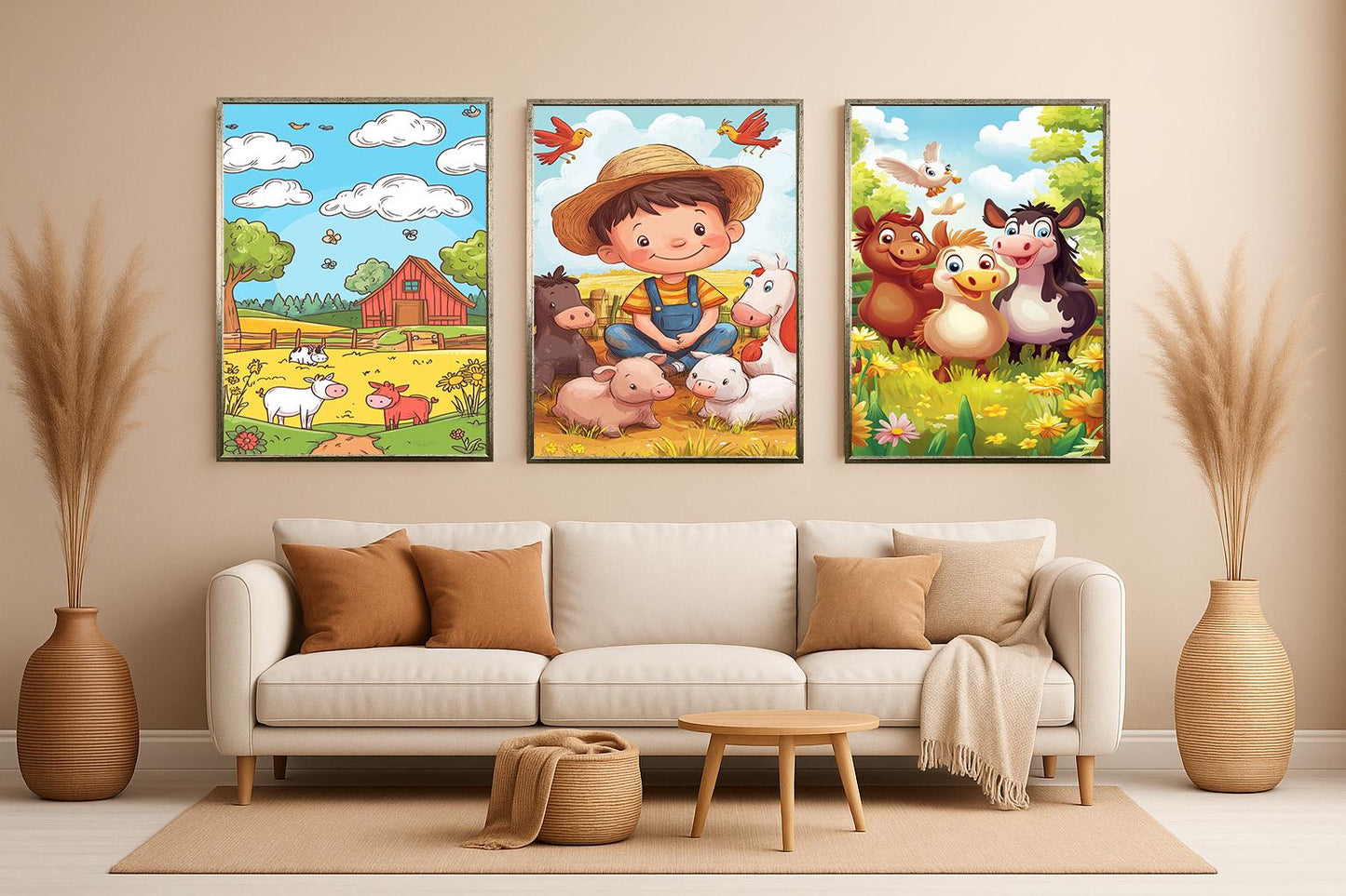 Farm Animal Nursery Prints: Cartoon Barnyard Wall Art Set