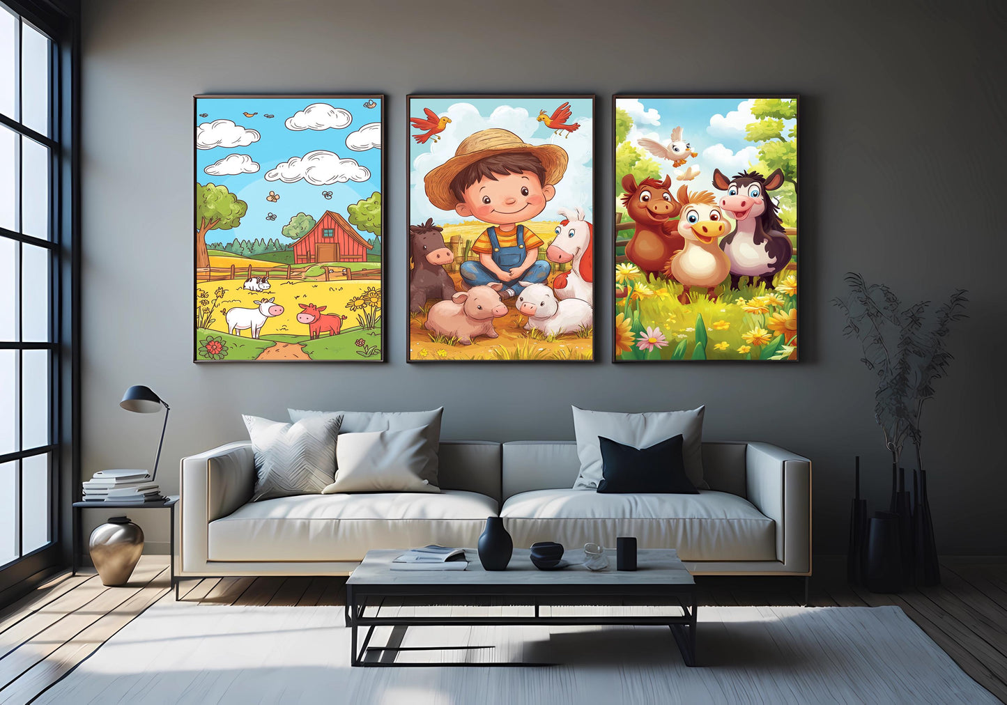 Farm Animal Nursery Prints: Cartoon Barnyard Wall Art Set