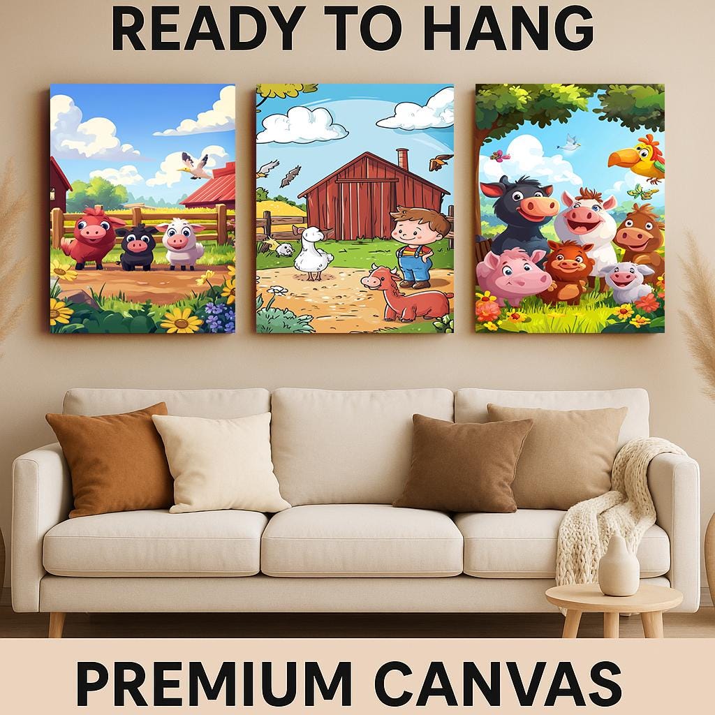 Farm Animal Nursery Prints: Cartoon Barnyard Animals & Boy Farmer