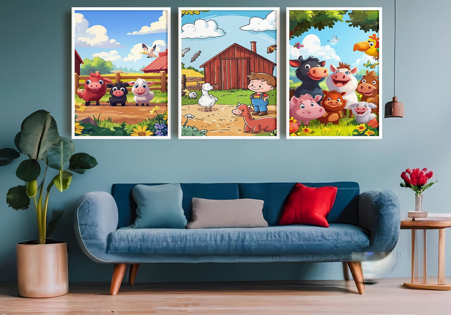 Farm Animal Nursery Prints: Cartoon Barnyard Animals & Boy Farmer
