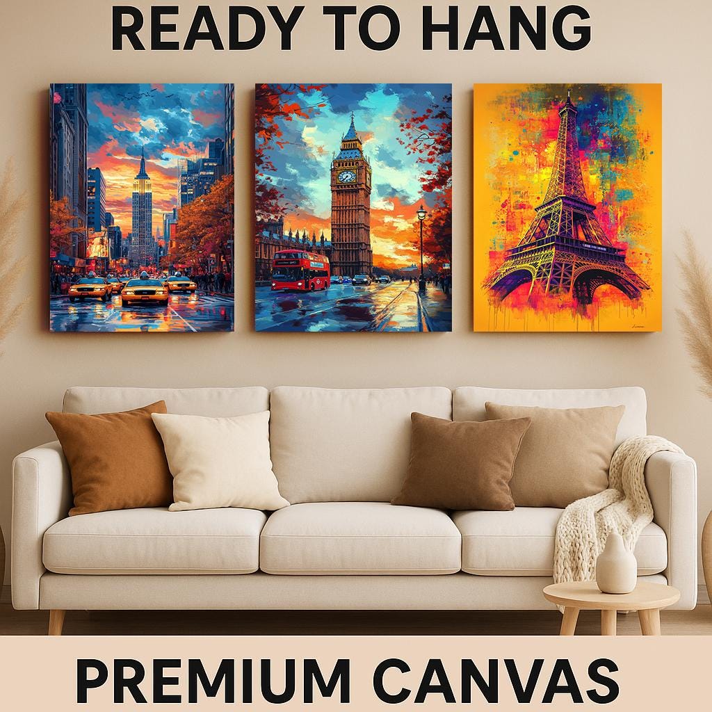 Colorful Cityscape Canvas Print Set: Big Ben, Eiffel Tower, Empire State Building