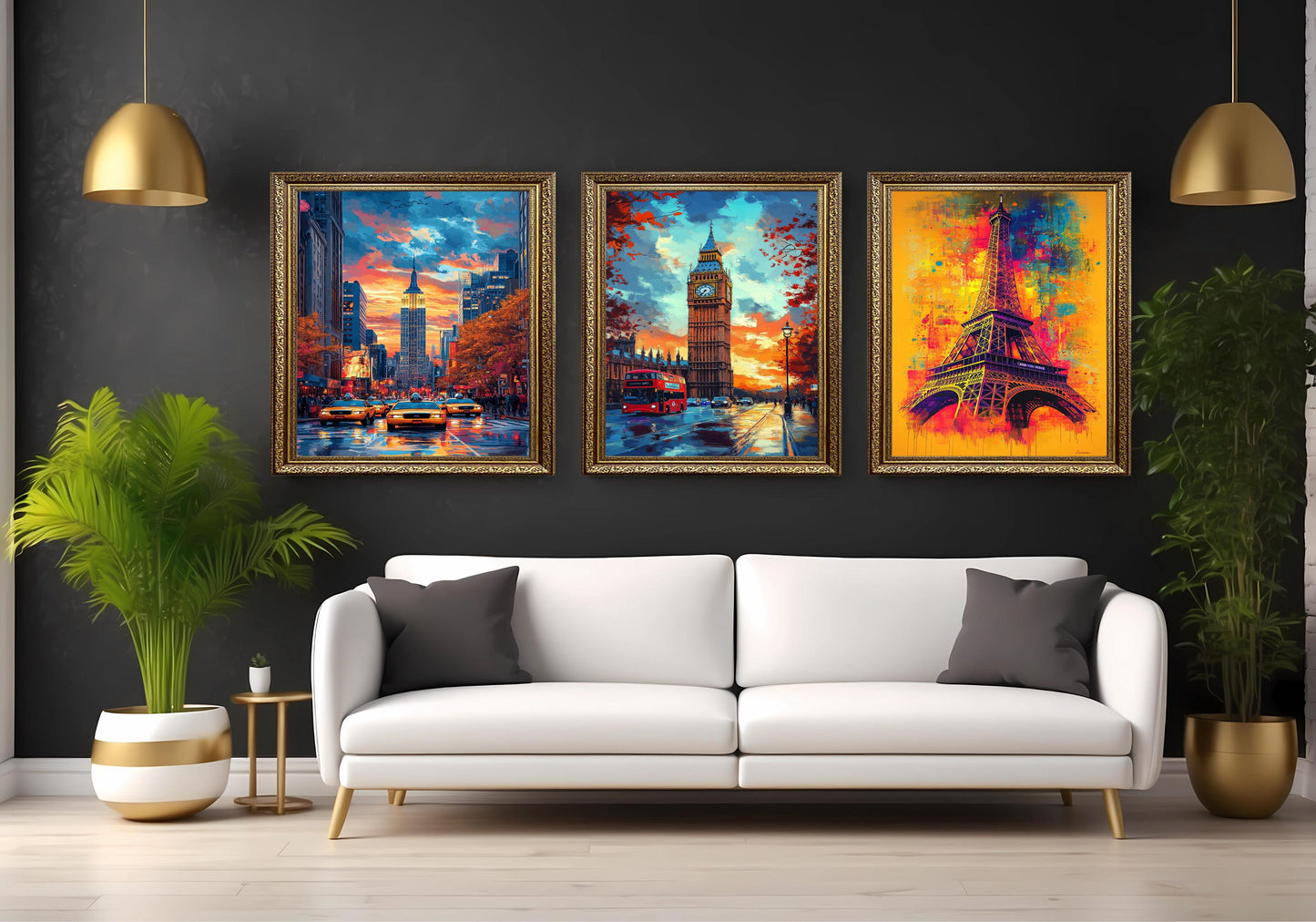 Colorful Cityscape Canvas Print Set: Big Ben, Eiffel Tower, Empire State Building
