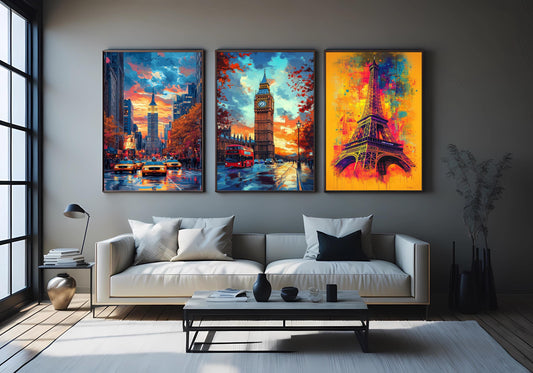 Colorful Cityscape Canvas Print Set: Big Ben, Eiffel Tower, Empire State Building