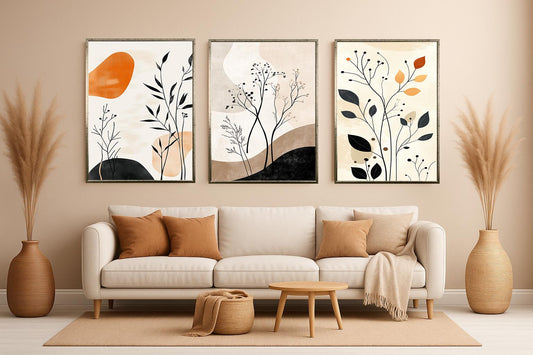 Botanical Wall Art Prints Set: Beige Abstract Plant Decor