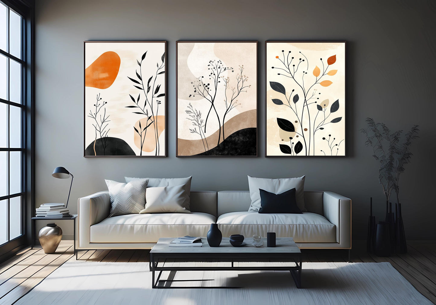 Botanical Wall Art Prints Set: Beige Abstract Plant Decor