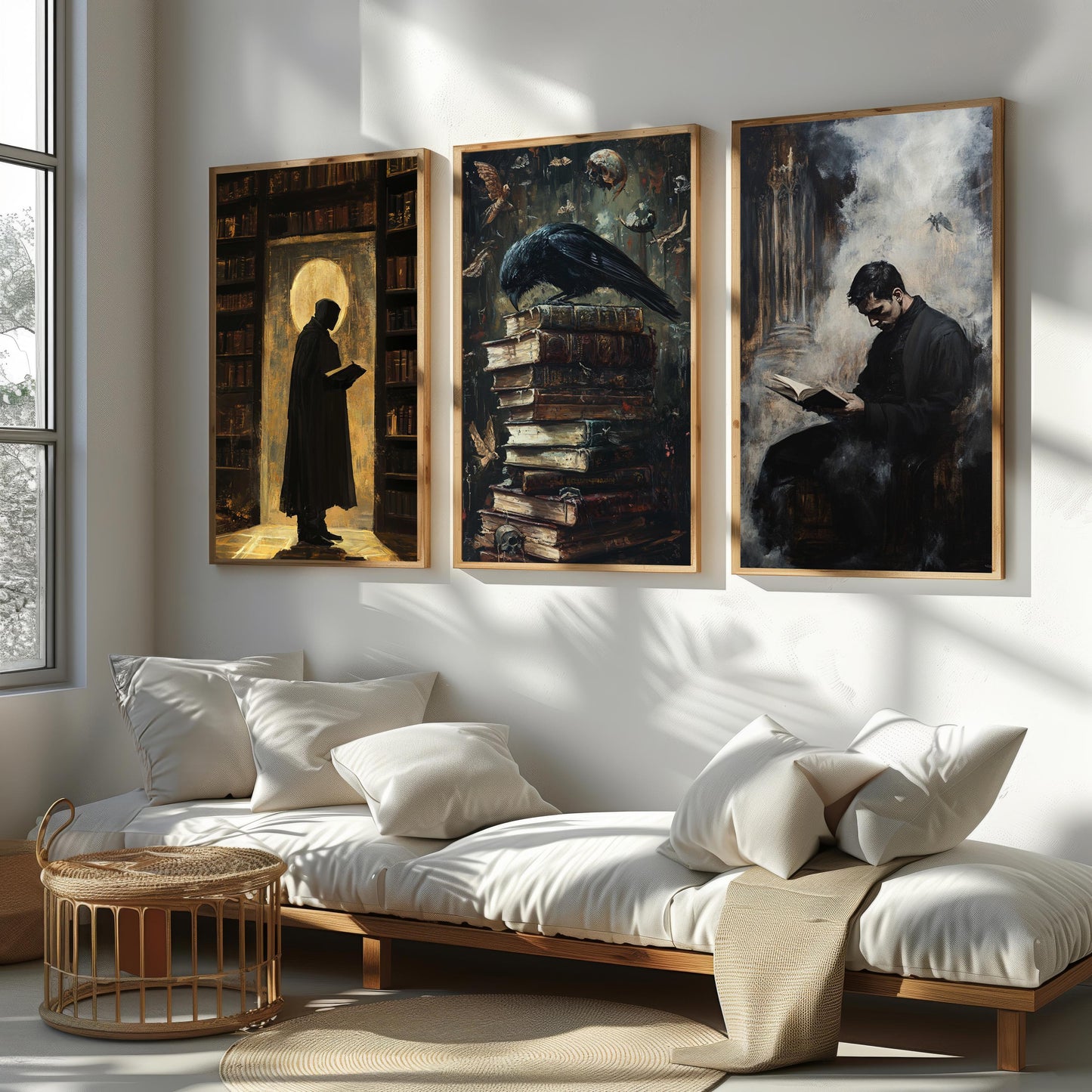 Dark Academia Wall Art Set: Gothic Library Decor, Crow & Cloaked Figure