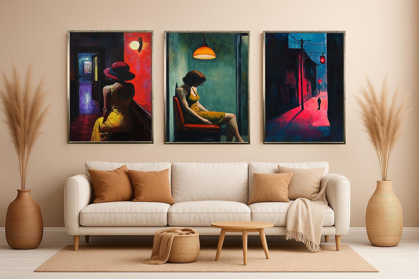 Noir Woman in Yellow Dress Print Set: Cinematic Moody Room Decor