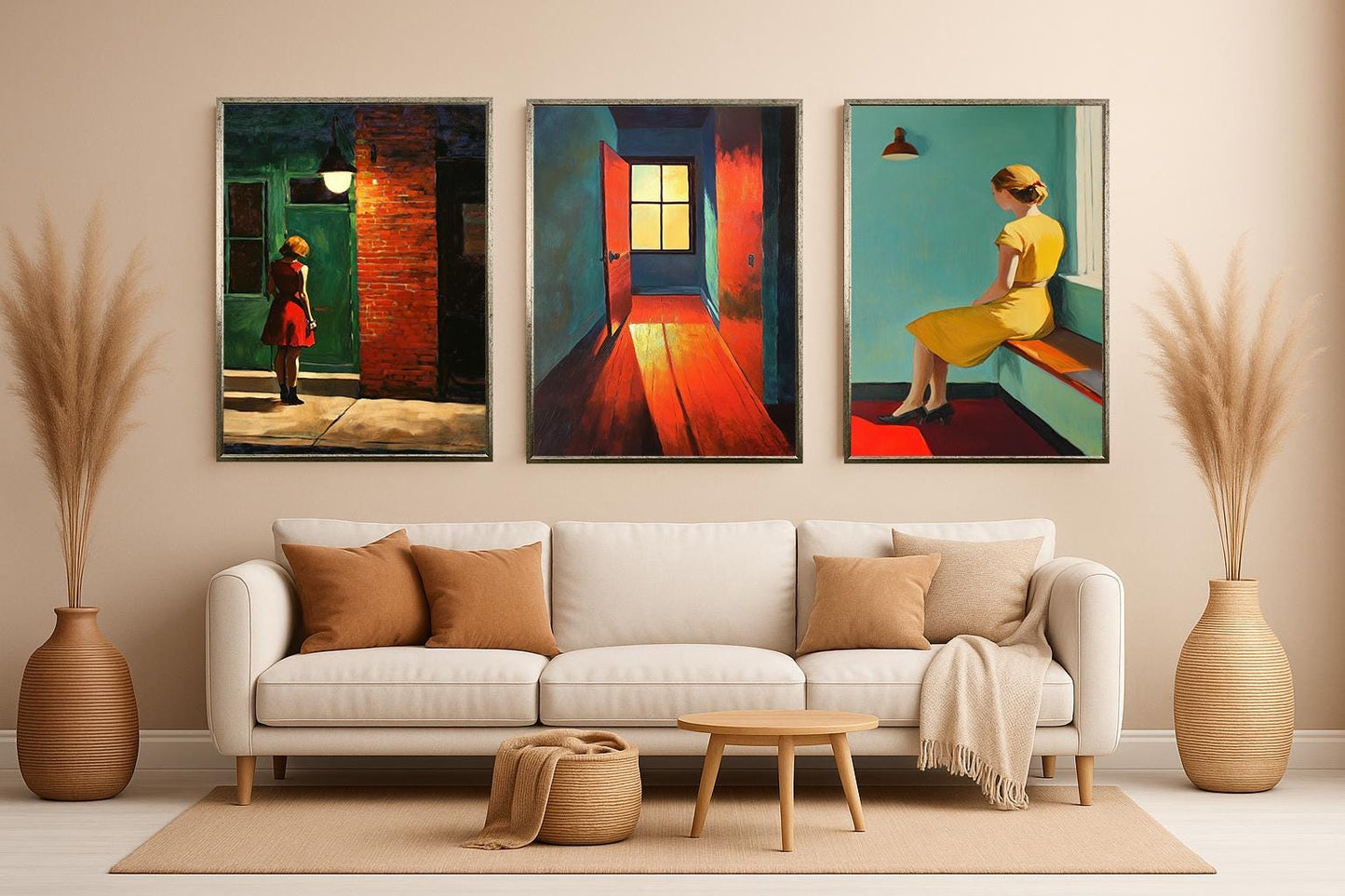 Retro Woman in Yellow Dress Print Set: Urban Minimalist Wall Art