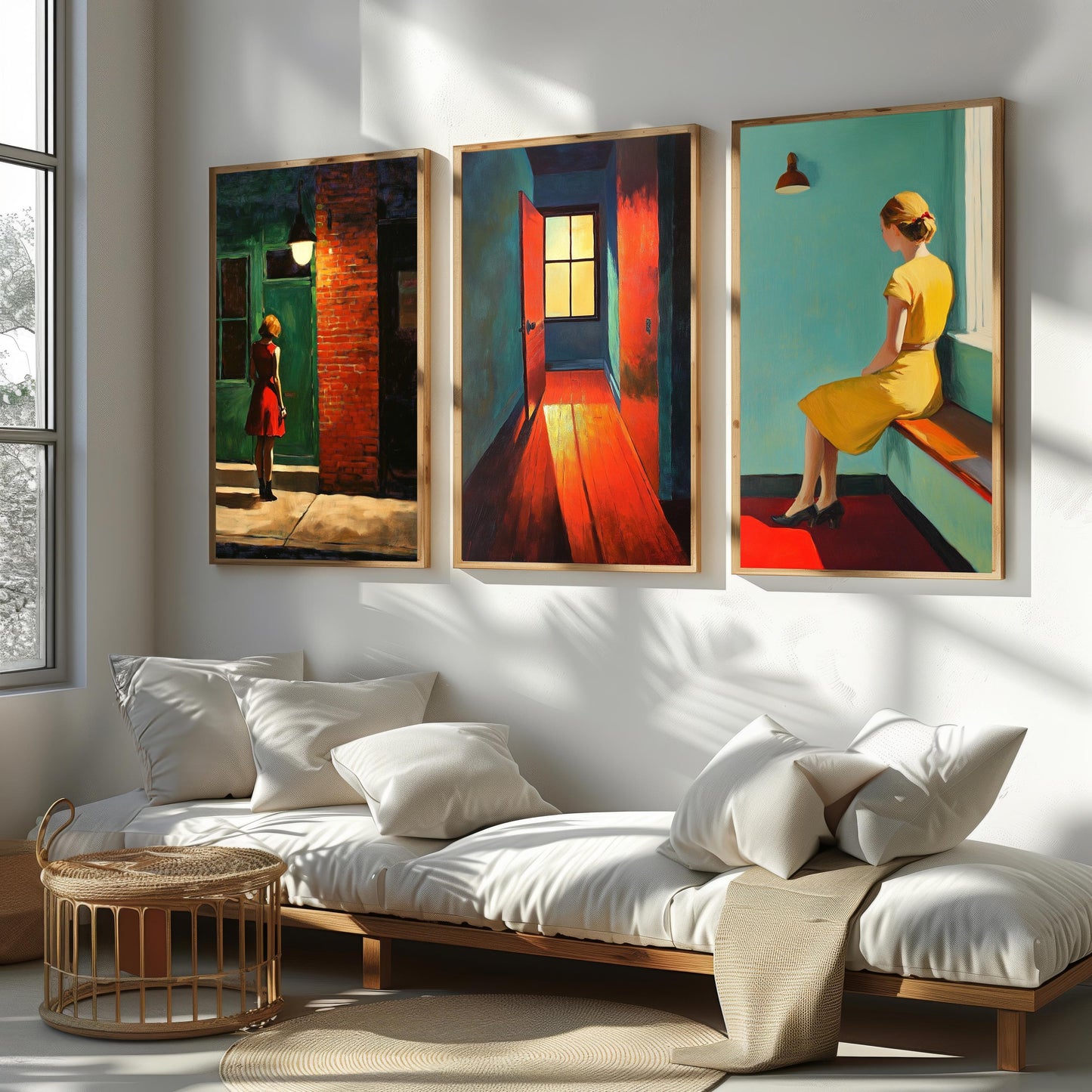 Retro Woman in Yellow Dress Print Set: Urban Minimalist Wall Art