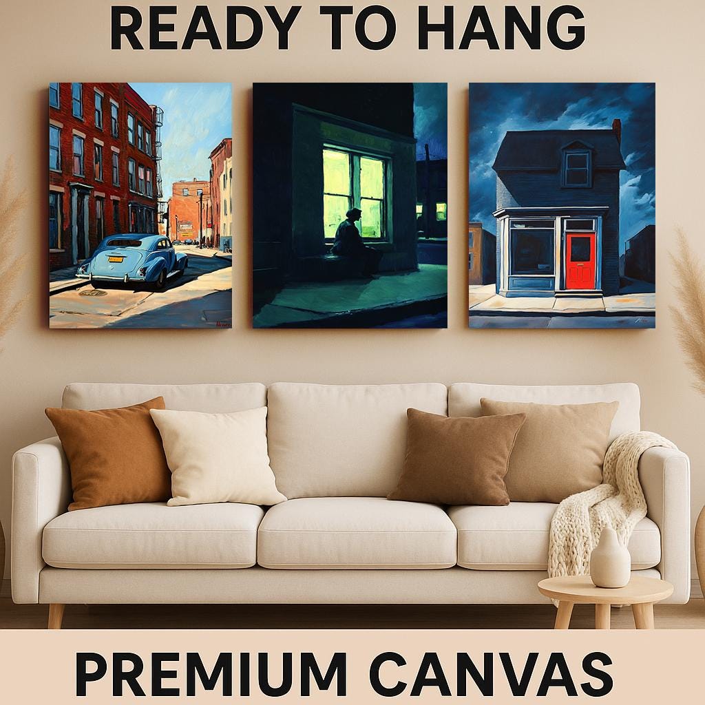 Vintage Cityscape Art Prints Set: Noir Street Scene, Red Door, Blue Car