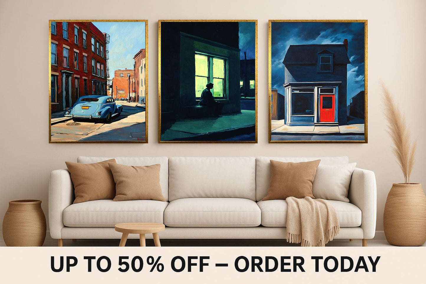Vintage Cityscape Art Prints Set: Noir Street Scene, Red Door, Blue Car