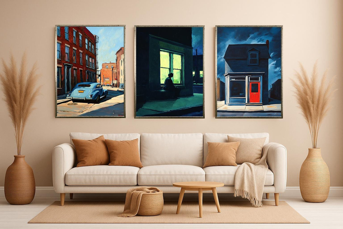 Vintage Cityscape Art Prints Set: Noir Street Scene, Red Door, Blue Car