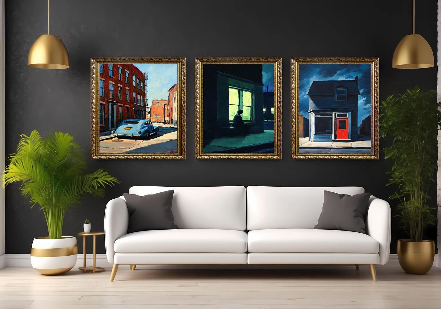 Vintage Cityscape Art Prints Set: Noir Street Scene, Red Door, Blue Car
