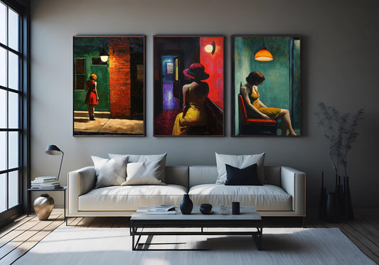 Cinematic Woman Art Print Set: Red Hat, Yellow Dress, Urban Scene