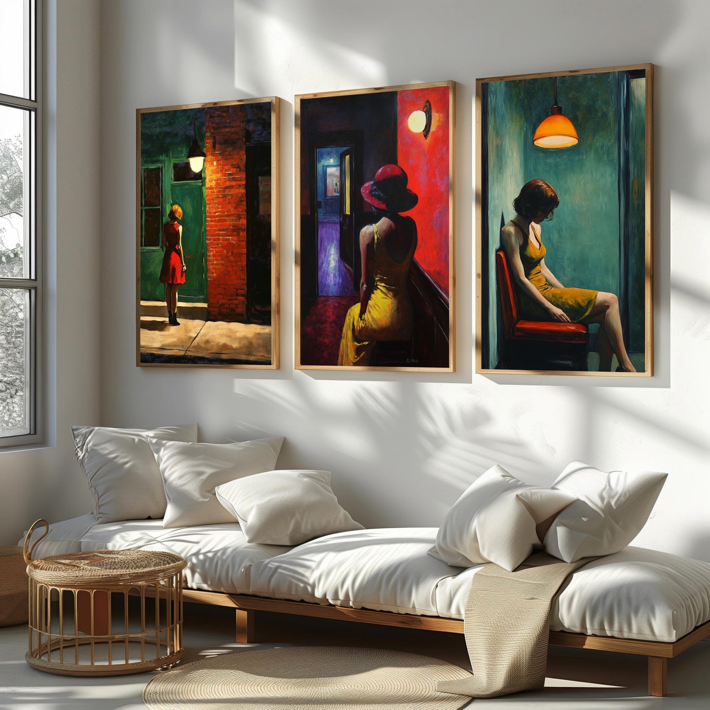Cinematic Woman Art Print Set: Red Hat, Yellow Dress, Urban Scene