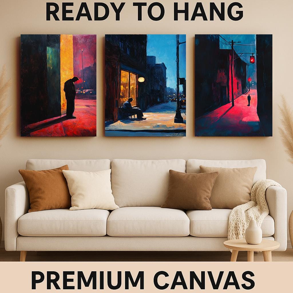 Noir Cityscape Canvas Print Set: Urban Solitude, Shadowy Alley