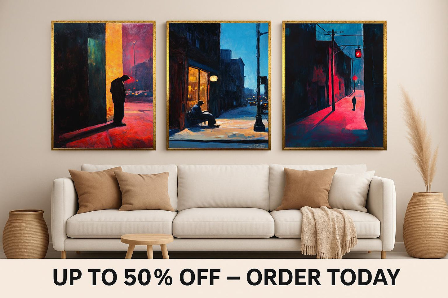 Noir Cityscape Canvas Print Set: Urban Solitude, Shadowy Alley