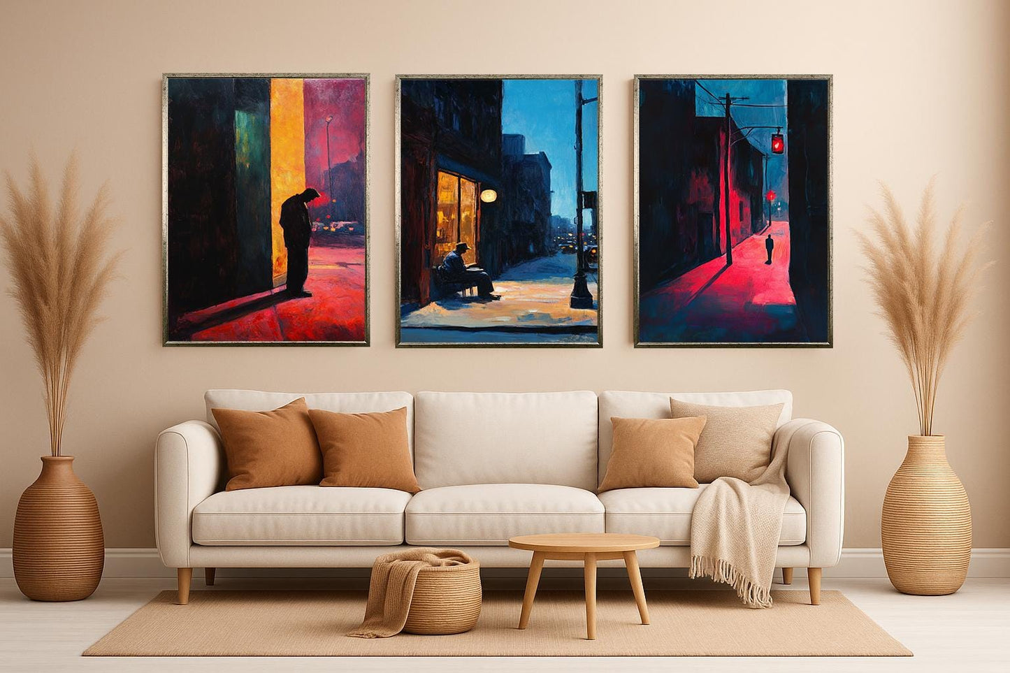 Noir Cityscape Canvas Print Set: Urban Solitude, Shadowy Alley