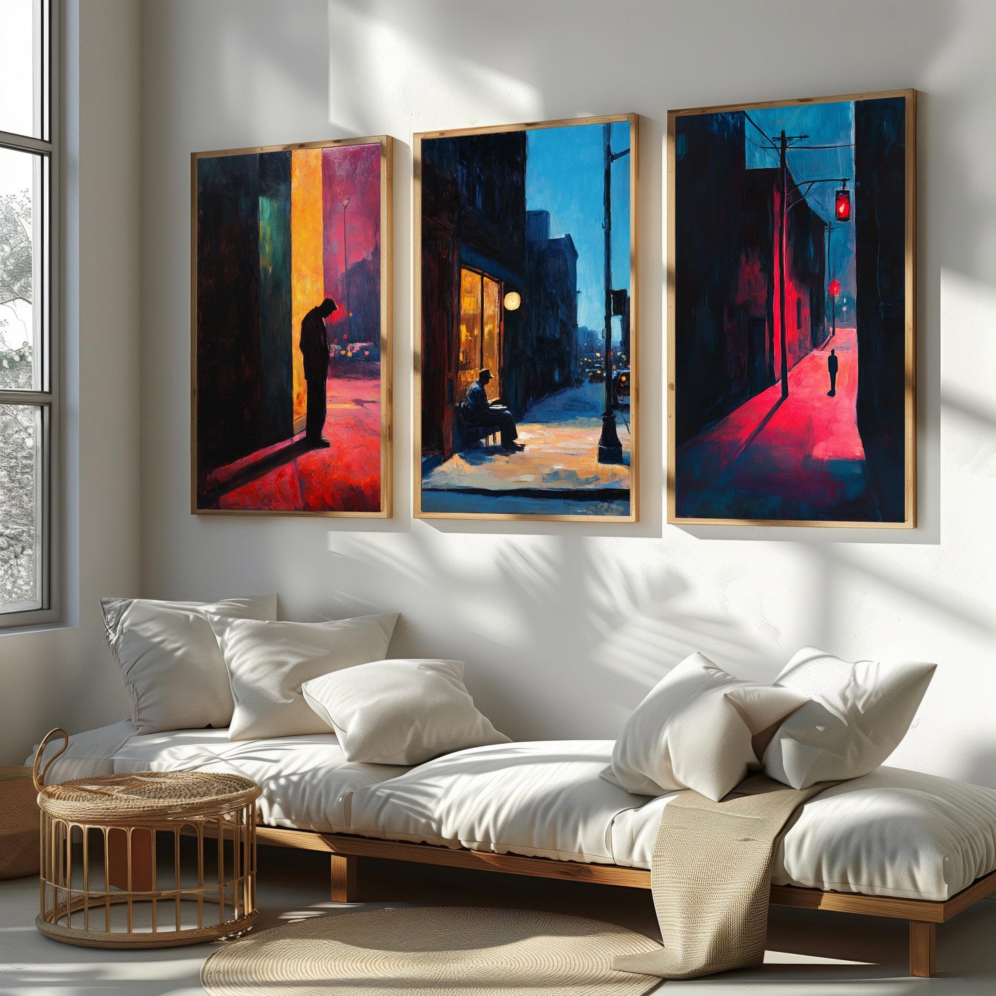 Noir Cityscape Canvas Print Set: Urban Solitude, Shadowy Alley