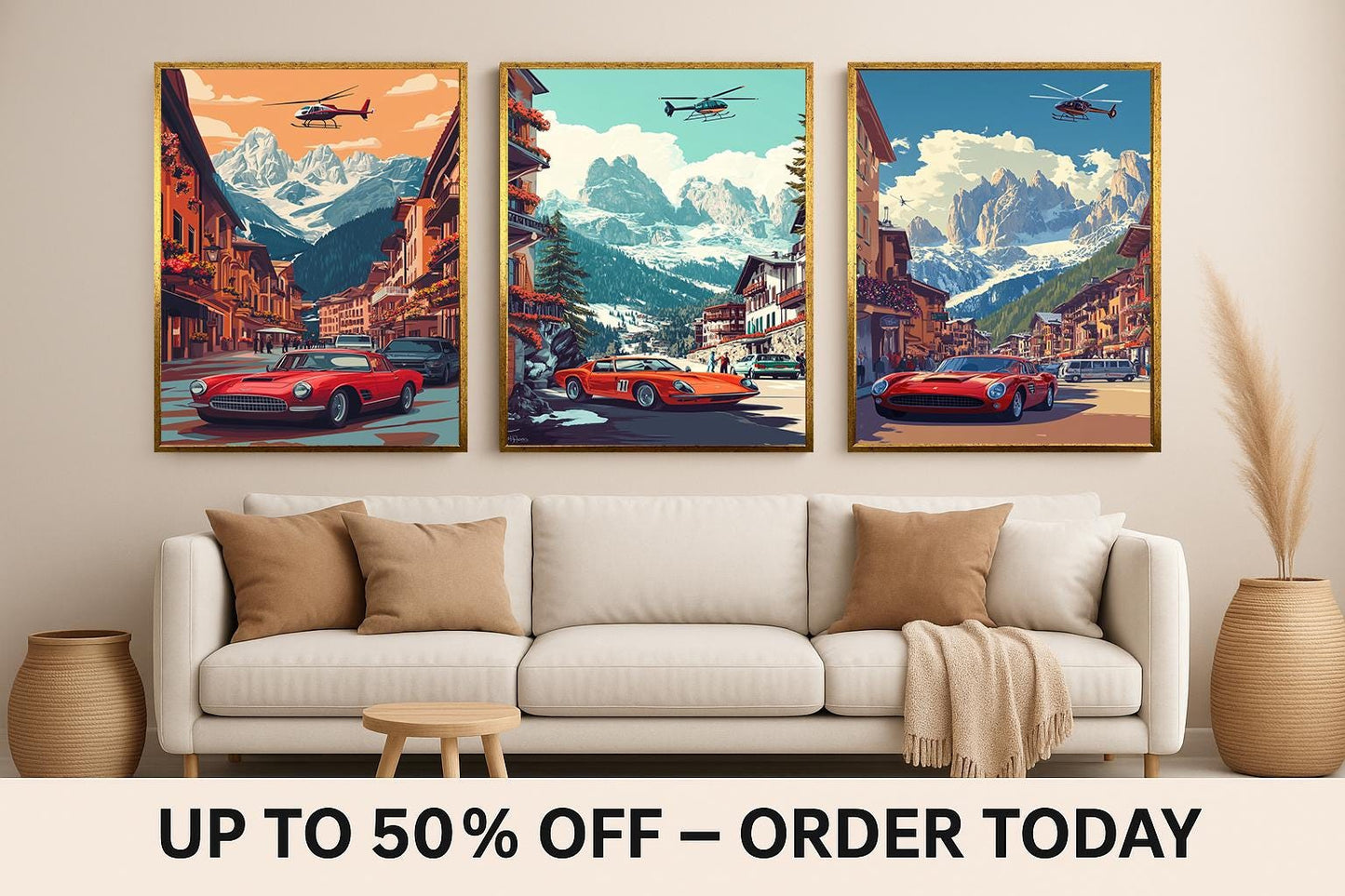 Vintage Red Sports Car & Helicopter Print Set: Alpine Village Wall Art