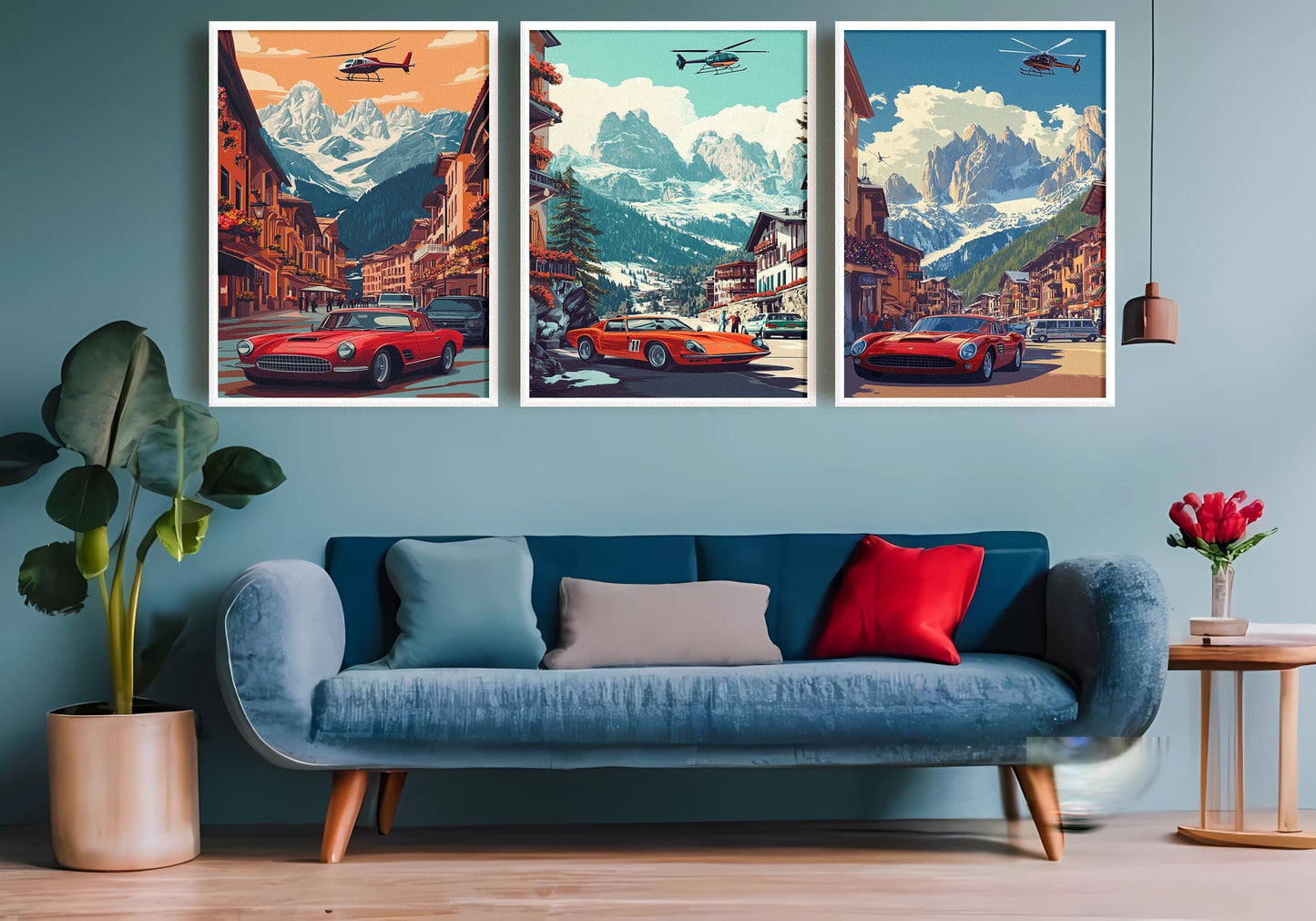 Vintage Red Sports Car & Helicopter Print Set: Alpine Village Wall Art