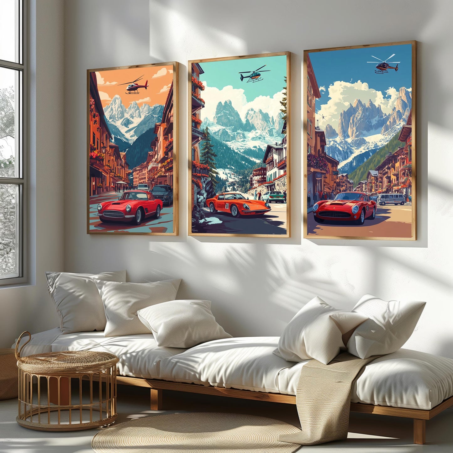 Vintage Red Sports Car & Helicopter Print Set: Alpine Village Wall Art