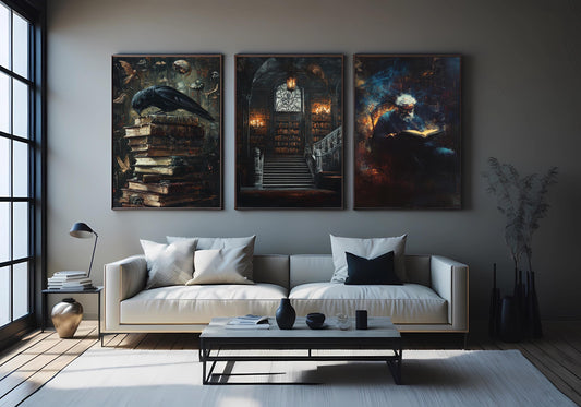 Dark Academia Gothic Art Prints: Haunted Library, Wizard & Crow Set