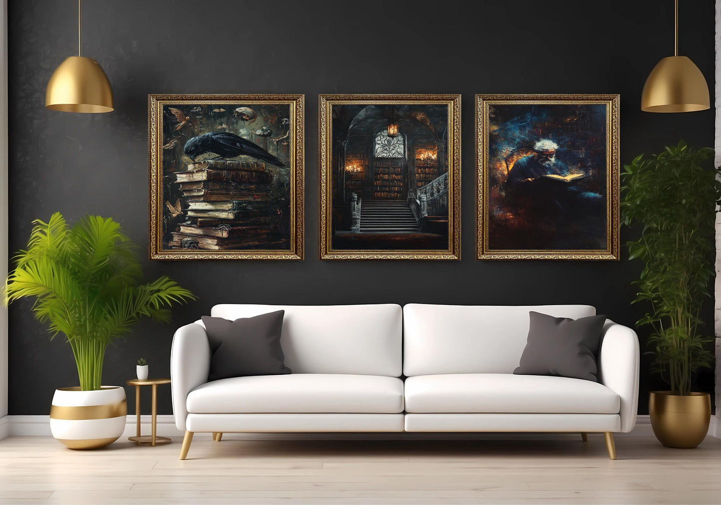 Dark Academia Gothic Art Prints: Haunted Library, Wizard & Crow Set