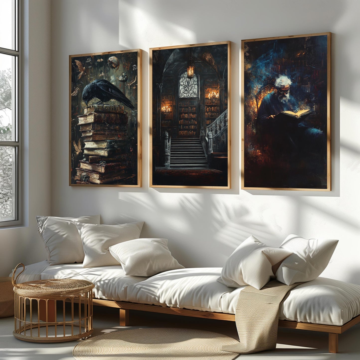 Dark Academia Gothic Art Prints: Haunted Library, Wizard & Crow Set