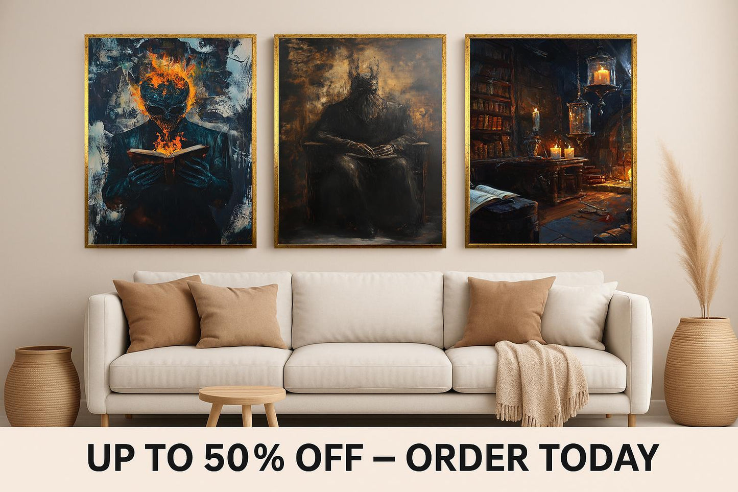 Dark Fantasy Art Prints: Gothic Horror Room Decor, Demonic Library Set