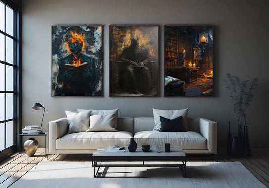Dark Fantasy Art Prints: Gothic Horror Room Decor, Demonic Library Set